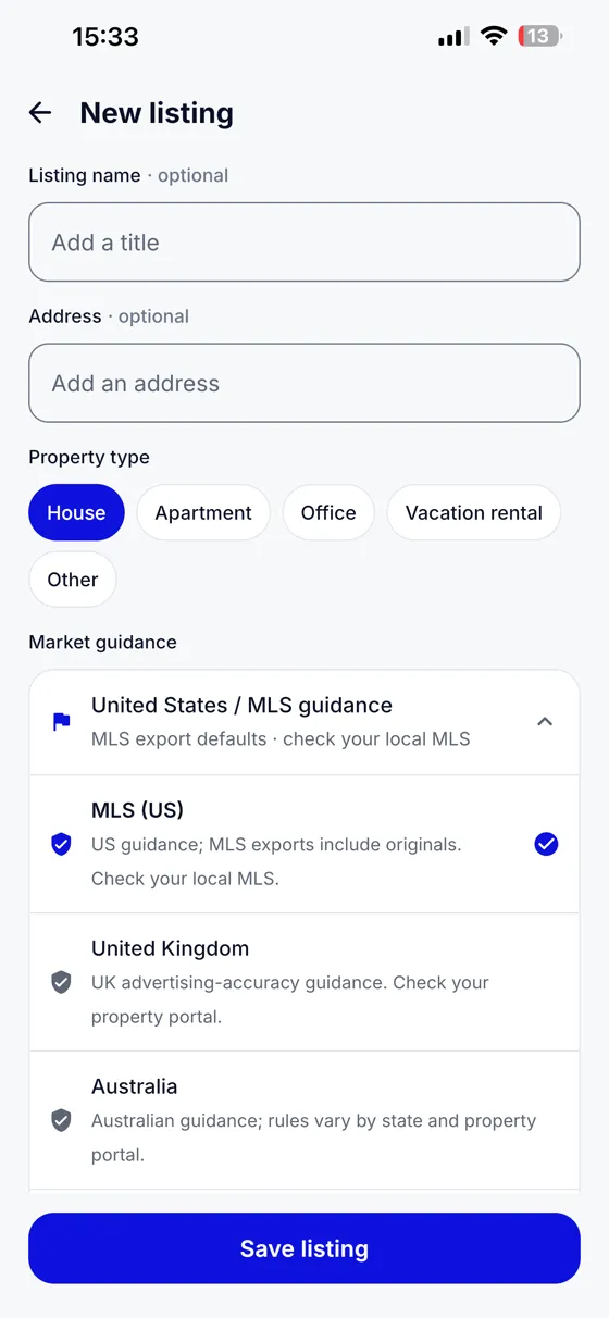 New listing screen with title, address, property type and market guidance